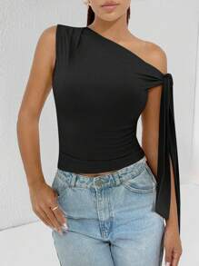 SHEIN PETITE Casual Solid Color Halter Neck Tie Up Cami Top For Summer - Black - View 7