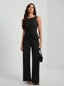 SHEIN Tall Women's Solid Color Round Neck Single-Breasted Vest And Pants Elegant Commuter Suit, Summer Fall Women Clothes Women Set Office Wear Business Casual Women Two Pieces Outfits Fall Women Office Wear Women Set Women Blazers Set - Black - View 4