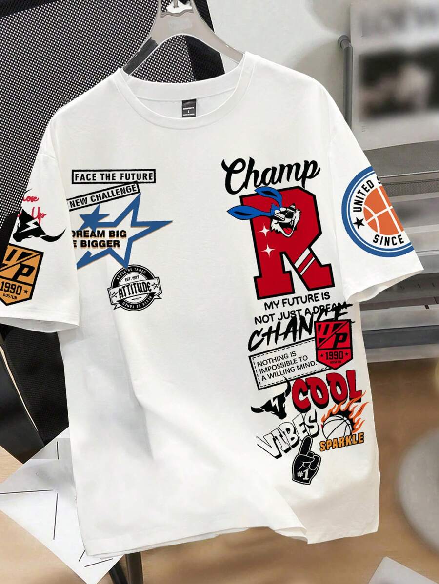 Manfinity Joysei 男士简约字母与兔子图案短袖圆领 T 恤