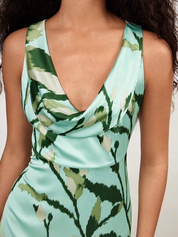 SHEIN Maija Women's Green Floral Print Draped Neck Sleeveless Satin Dress, Holiday Beach Fashion Elegant Dress Summer