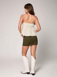 SHEIN Unity Minimalist Texture Drawstring Bandeau Vacation Crop Top, Versatile - Beige - View 2
