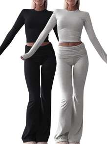 INAWLY Solva 2pcs/Set Women Solid Color Crew Neck Long Sleeve T-Shirt And Flared Pants, Casual Outfit Fall Cloth For Women - Multicolor - View 3