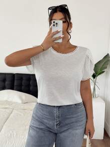 SHEIN Frenchy Plus Size Women Solid Color Round Neck Ruffle Sleeve Casual T-Shirt - White - View 4