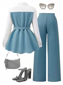 2pcs Teen Girls Contrast Color Long Sleeve Top And Pants Casual Set