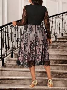 Fleurora Autumn And Winter Elegant Party Work Office Black Knitted Lace Textured Round Neck Flared Midi Long Sleeve Plus Size Dresses - Pink - View 2