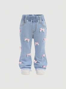 SHEIN Baby Girl Pink Bowknot Accent Denim Jeggings, Elastic Flare Pants - Light Wash - View 6