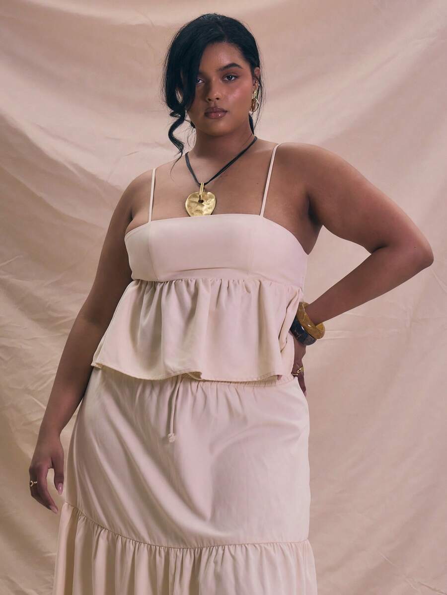 MUSERA Plus Size Spaghetti Strap Bandeau Peplum Top For Holiday, Elegant Spring Summer - Cream - View 1
