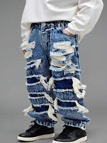 SHEIN Explorewe Denimly Young Boys' +Casual Daily Urban Street Style Straight Leg Jeans With Ripped Holes, Elastic Waistband And Button Closure Summer Holiday - Medium Wash - View 3