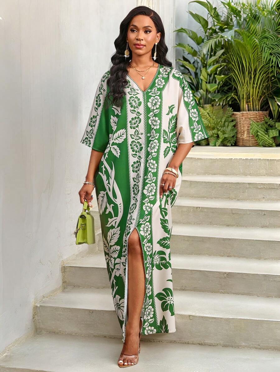 SHEIN Lady Women's V-Neck Short Sleeve Floral Print Patchwork Simple Ultra Long Dress - Green - View 1