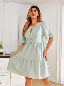 KURAYIA Vestido casual de talla grande para mujer con tela texturizada de unicolor, dobladillo con volantes, cordón ajustable, botón de costura a mano y dobladillo dividido, para primavera/verano