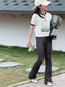 DAZY 2pcs/Set Tween Girl Crew Neck Knitted Allover Print Short Sleeve T-Shirt + Allover Print Long Pants, Fall Outfit,Back To School Clothes - Beige - View 6