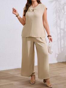 SHEIN LUNE Conjunto de 2 piezas de pantalones de pierna ancha con efecto texturizado y nudo delantero para mujer de talla grande, ropa casual para primavera/verano