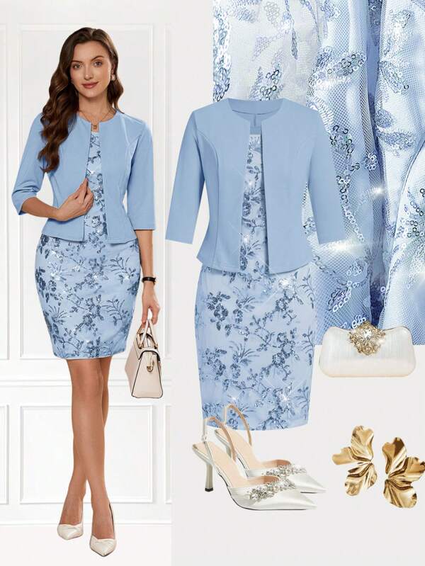 Ellevyn 2pcs Women Sequin Dress And Form-Fitting Short Sleeve Jacket Set, For Party