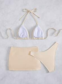 SHEIN Swim Set de 2 piezas de traje de baño informal para mujer para fiesta en la playa, top de ajustado con anillo y lazada delantera y Bottom