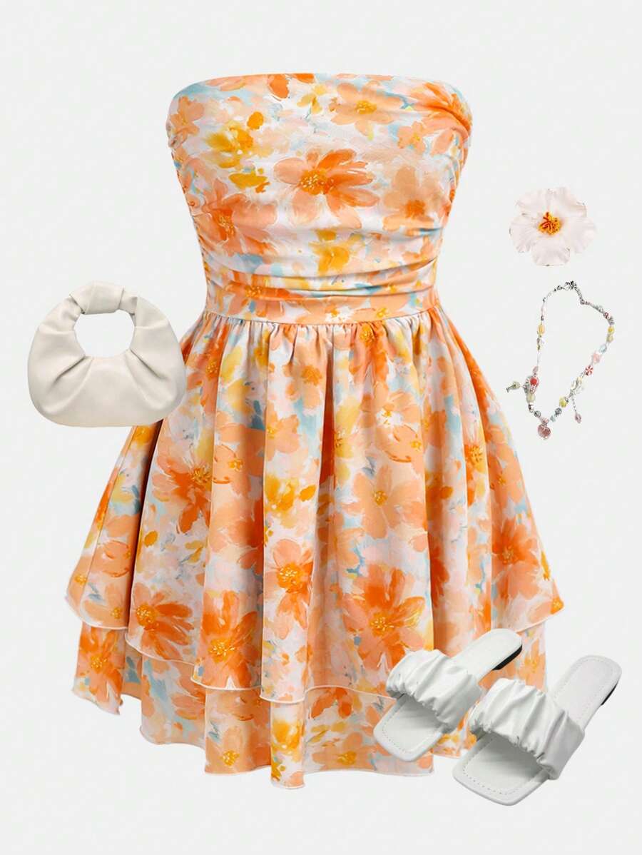 Girlism 少女黄色抹胸分层下摆连衣裙，春夏季适合度假、节日、午餐、音乐节 - 彩色 - 查看 1