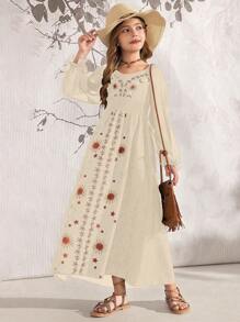 SHEIN Explorewe 女童长袖时尚黑色连衣裙，夏季 - 杏色 - 查看 5