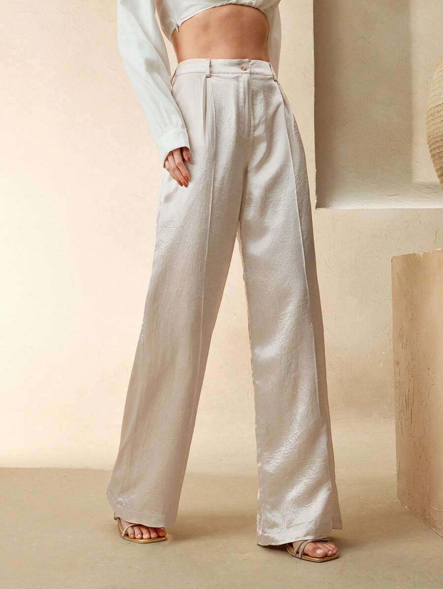 Anewsta Elaire 女式高腰直筒长裤，气质休闲，醋酸纤维缎纹面料，简约设计 - 米色 - 查看 1