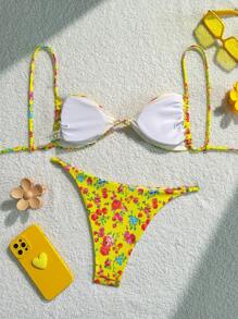 SHEIN Swim Women's Colorful Floral Print Bikini Swimwear Set Floral BikiniTwo Pieces Bikini - Yellow - View 2