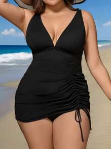 SHEIN Swim Lushore Plus Size Women's 2pcs Solid Color Thick Strap V-Neck Drawstring Tankini Set & Backless Tank Top Vacation Swimwear - Black - View 1