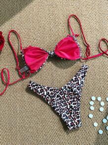 Swim Mod 女士海滩夏季服装：豹纹随机花朵细肩带蝴蝶结性感比基尼套装 - 彩色 - 查看 2