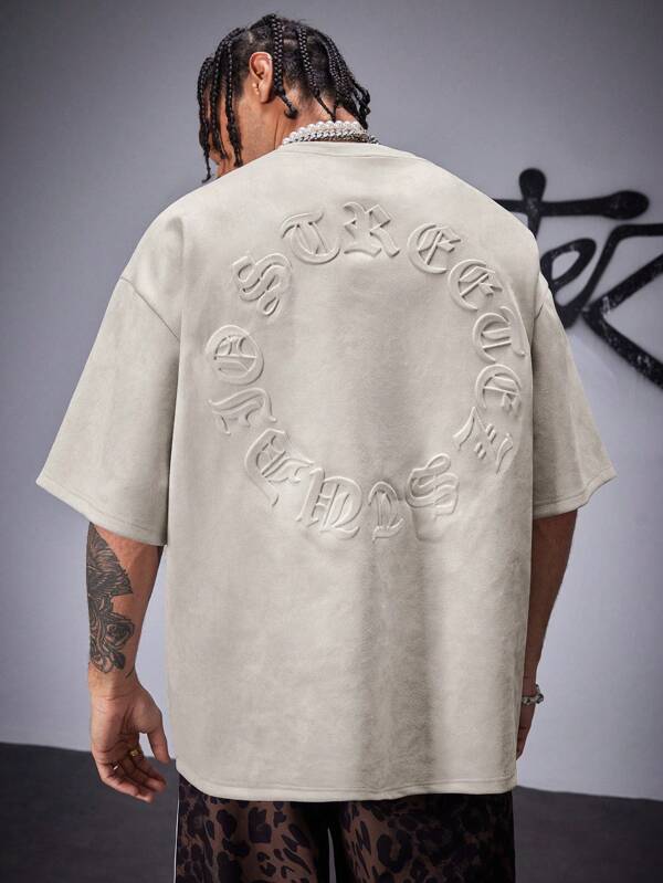 AXEPEAK Men's Street Style Gothic Letter Air Layer Suede Texture Embossed Loose Fit Dropped Shoulder Crew Neck Short Sleeve T-Shirt, Summer