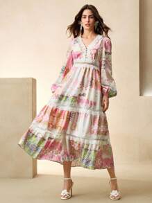 Anewsta Elegant Vacation Women Floral Mid-Long Dress (Pattern Random) - Multicolor - View 5