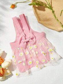 PETSIN 1 件粉色雏菊薄纱裙配蝴蝶结宠物背带裙，适合猫和狗 - 彩色 - 查看 2