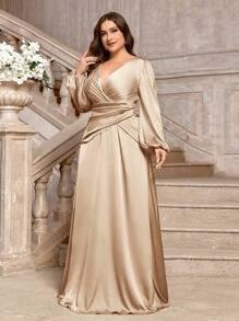 SHEIN Belle Vestido de dama de honor elegante y sencillo con mangas abullonadas y talle superpuesto en gris-verde para tallas grandes - Albaricoque - Ver 4