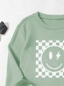 女童两件套：笑脸格子印花圆领长袖上衣和纯色裤子 - 綠色 - 查看 4