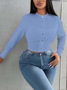 Zolique Solid Color Short Jacket, Minimalist Casual Everyday Wear Fall Winter Cloth For Women - Baby Blue - View 4