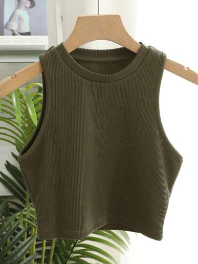 DAZY Versatile Solid Color Fitted Round Neck Short Knit Tank Top