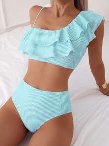 SHEIN Swim 印花条纹拼布荷叶边不对称领口细肩带上衣和高腰泳装套装