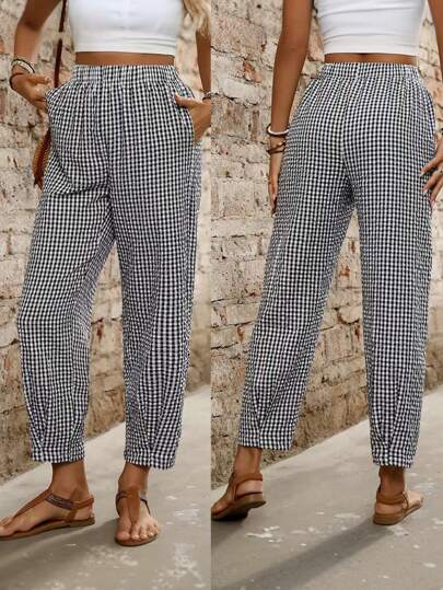 INAWLY Pantalones casuales de mujer a cuadros con bolsillos, pierna entallada
