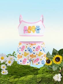 SHEIN X Care Bears Jeune fille Ensemble de lingerie Top camisole et culotte imprimé mignon et douillet d'ours de bande dessinée pour le printemps