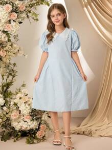 SHEIN Tween Girl 花卉蕾丝边翻领提花腰部宽松下摆连衣裙，蓝色