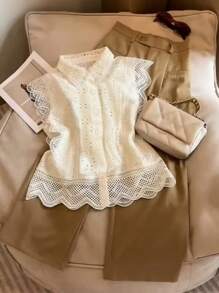 Franclia 女士优雅盖袖蕾丝镂空衬衫，夏季 - 杏色 - 查看 1