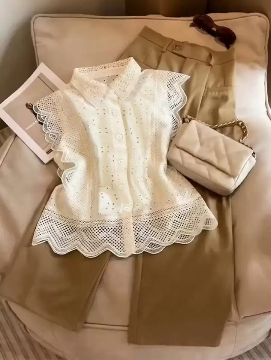 Franclia Áo cánh ren khoét lỗ tay lửng thanh lịch dành cho nữ, mùa hè - Màu be - Xem 1