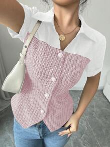 Calvaya Tweed Paneled Design Pearl Silver Edged Button Elegant Commuter Style Women Blouse Top