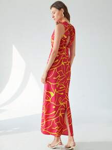 Aveloria Modichic 全新春夏法式复古优雅简约度假深 V 蝴蝶结腰镂空无袖修身喇叭下摆拼色抽象花卉印花连衣裙 - 彩色 - 查看 2