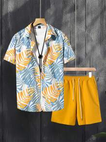 Manfinity RSRT Men Beach Outfits Tropical Print Shirt & Drawstring Waist Shorts Tropical Outfits Men Men Outfit Sets Summer Men 2 Pieces Set Tropical Men's Vacation Outfit Men Tropical Outfits - Multicolor - View 1