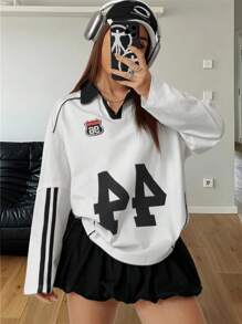 SHEIN EZwear 女士春夏街头装运动休闲数字图案条纹纹理装饰 V 领 T 恤，圣帕特里克节