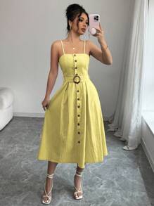 Chiquease Đầm Maxi Cami Thắt Lưng Cài Nút Phía Trước Trang Phục Cho Nữ - Màu vàng - Xem 4