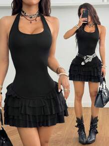 Coolane 女士春季 Y2K 外出日常穿着基本款音乐节针织吊带荷叶边连衣裙 - 黑色 - 查看 6