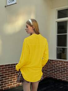 INAWLY Women's Casual Solid Color Long Sleeve Shirt - Mustard Yellow - View 2