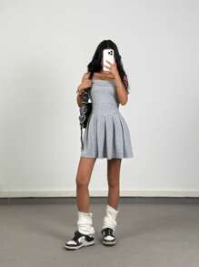 SHEIN Tween 女童春夏休闲抹胸褶皱迷你连衣裙，灰色 - DD - 灰色 - 查看 3