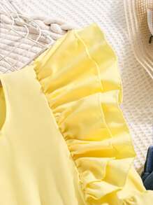 SHEIN Tween Girls' Cap Sleeve Ruffle Hem Crop Top & Pearl Embellished Pants Set - Yellow - View 3