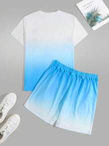 ResortEase Men Plus Size Casual Holiday Coconut Tree Gradient Print Short Sleeve T-Shirt & Shorts Set, Beach Wear