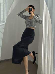 DAZY Women's Elegant Commuter Solid Color Bodycon Slit Skirt,Pencil Skirt Fall Skirts - Navy Blue - View 4