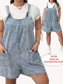 SHEIN CURVE+ Extra Plus Size Distressed Denim Jumpsuit, Suitable For Summer Vacation Boho Vacation - Blue - View 9