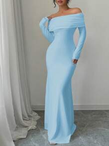 Rafferiza Sexy Elegant Fitted Long Sleeve Cinched Waist Double Layer Off-Shoulder Backless Twist Fishtail Hem Ribbed Knit Dress, White, Autumn/Winter Maxi Women Outfit - Baby Blue - View 3